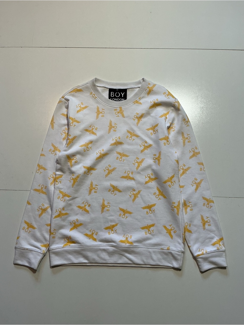 Boy London Eagle Monogram White/ Yellow Terry Fleece Crewneck Sweatshirt